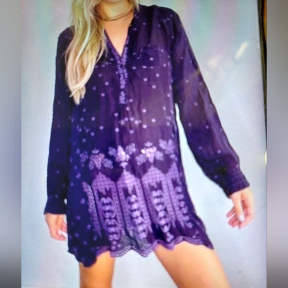Johnny Was Purple Embroidered Tunic Top